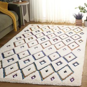 Ковер SAFAVIEH, 122 x 183 см, Casablanca Collection - Ivory/Blue, геометрический рисунок, плюшевый, идеально подходит для помещений с высокой проходимостью в гостиной, спальне, столовой (CSB918A)