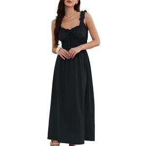 Бохо макси-платье для женщин на тонких бретелях с квадратным вырезом и присборенным лифом Inspire Chic, Black