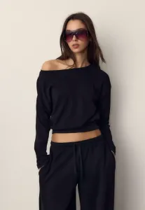 Топ с длинными рукавами и вырезом-лодочкой, поясом-кушаком. Stradivarius, Black