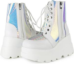 Женские боевые ботинки на высоком каблуке с квадратным носком, шнуровкой и молнией, высокие ботинки на танкетке с массивной подошвой, ботинки до щиколотки для женщин FOBOINED, White-02