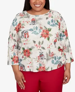 Классический праздничный топ с пуансеттиями и круглым вырезом больших размеров Alfred Dunner, мультиколор