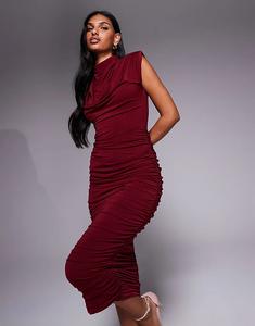 Платье миди TFNC с высоким воротом и подкладкой на плечах вишневого цвета