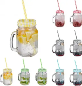 Стаканы для лимонада , набор из 10 штук, 500 мл, с крышками и трубочками, в ретро-стиле Relaxdays