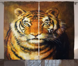 Штора ABAKUHAUS Тигр в деревенском стиле, картина маслом, анималистичный рисунок, присборенная штора из тесьмы для спальни с петлями и крючками, 280 x 245 см, цвет: черный, светло-коричневый Abakuhaus