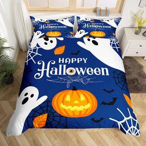 Erosebridal Комплект постельного белья Gothic Pumpkin Lantern с принтом тыкв, привидений и паутины в ночном синем цвете, Blue