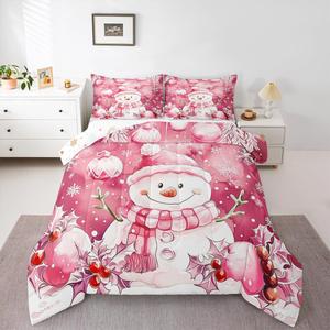 Erosebridal Комплект постельного белья Pink Snowman с рождественским декором и снежинками, Pink White