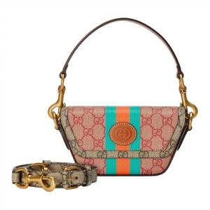 GUCCI Сумка через плечо мини женская из холста с кожаными деталями коричневая и розовая