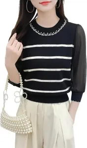 Женская полосатая блузка с рукавом 7/8 — Ice Silk Knit, легкая, свободная HRQSNZAQC