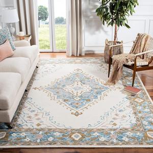 Ковер SAFAVIEH, 153 x 153 см, коллекции Micro-Loop — Ivory & Blue, ручной работы из шерсти, идеален для помещений с высокой проходимостью в гостиной, спальне (MLP953A)
