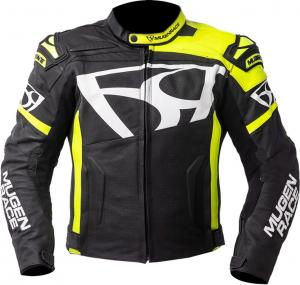 Кожаная мотоциклетная куртка MUGENRACE aggressore, Black/White/Fluo Yellow
