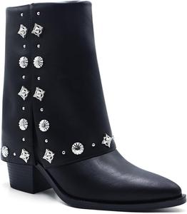 Generic Вестернские ковбойские сапоги, черная кожа, серебристые декоративные заклепки, длина до середины голени, устойчивый каблук