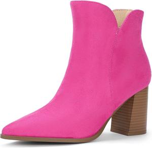 Женские ботильоны IDIFU IN3 на щиколотку с толстым каблуком, коротким каблуком, удобные классические с заостренным носком, повседневные и нарядные сапожки с боковым V-образным вырезом и молнией, осенние ботинки, Hot Pink Suede