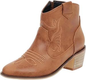 Женские винтажные ковбойские ботинки в западном стиле, короткие на щиколотку с низким каблуком, вышитые, британская вечеринка, модная обувь Generic, Brown A