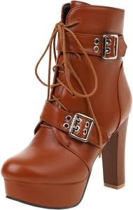 Уникальные женские ботильоны на высоком каблуке с толстой платформой, ботинки до щиколотки с боковой молнией, шнуровкой, круглым носком, декоративной пряжкой, классическая зимняя обувь Uniquelly, Brown