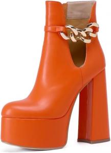 Женские ботильоны на высоком массивном каблуке Frankie Hsu, ботильоны на платформе с широким каблуком, ботильоны с оранжевым каблуком и золотой цепочкой, модные туфли на высоком каблуке с уникальным дизайном