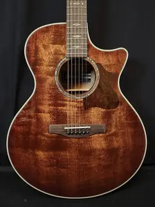 Акустическая электро-гитара Ibanez AE340FMHMHS, флагманская модель, верх из окауме с рисунком «флейм», задняя и боковые стороны из махагони.