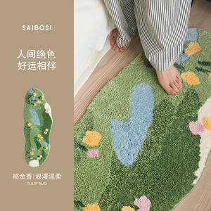 Saipos Ковер 50х150 см зеленый с тюльпанами, не скользящий, для спальни/гостиной/гардеробной