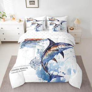 Erosebridal Комплект постельного белья Marlin Swordfish с морским принтом и реверсивным дизайном для детей, Navy White