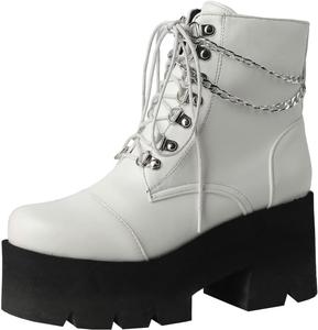 Женские ботильоны на массивном каблуке с шнуровкой, готические платформенные ботинки с цепочкой и грубой подошвой, боевые ботинки для женщин Generic, White