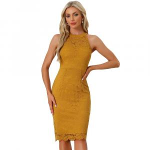 Элегантное кружевное платье для женщин, облегающее коктейльное платье без рукавов с бретелькой на шее ALLEGRA K, цвет Dark Yellow
