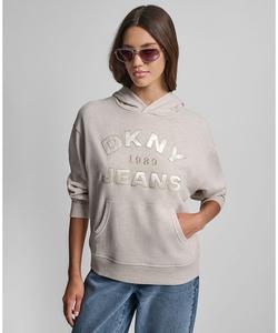 Женская толстовка с капюшоном и аппликацией в виде цепочного шва и логотипом DKNY Jeans, Corta Heather/chamgagne