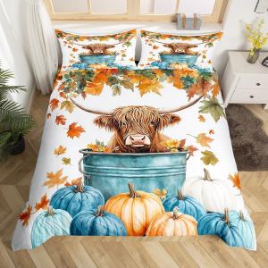 Erosebridal Комплект постельного белья Highland Cow с принтом длиннорогого быка в осенней тематике, White Brown Blue