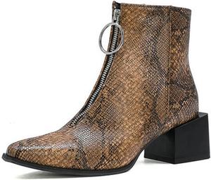 Женские кожаные ботильоны PURCHAWEE с квадратным носком, ручной работы, с острым носком, массивным каблуком средней высоты, передней молнией, модные короткие ботинки, Brown