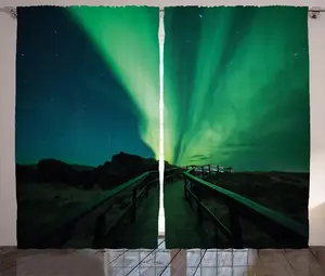 Штора ABAKUHAUS Northern Lights Rustic, Деревянный мостик, Солнце, для спальни, присборенная тесьма, с петлями и крючками, 280 x 175 см, цвет: папоротниково-зеленый, темно-синий Abakuhaus