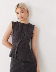 Асимметричный топ Weekday Ibis с баской и потайными пуговицами, темно-серый, стираный