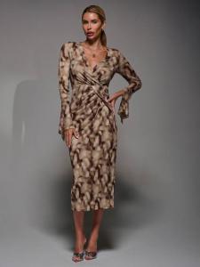 Абстрактное платье-футляр с длинными рукавами и сетчатыми вставками Jolie Moi, Mocha