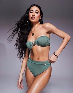 Плавки-бикини Ella с высокой талией и золотой отделкой цвета хаки Asos Design