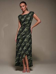 Абстрактное платье макси с драпировкой и сеткой Jolie Moi, Khaki Abstract