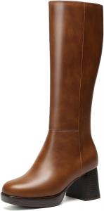 Женские сапоги на платформе для широкой икры, высокие сапоги до колена с квадратным носком и массивными каблуками, модные высокие ботинки из искусственной кожи DOBOLIN, Brown