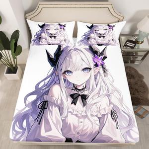 Erosebridal 3D аниме комплект постельного белья Kawaii Decorations с милым принтом, White Black Purple