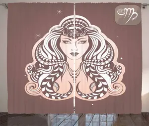 Штора ABAKUHAUS Знак зодиака Дева в деревенском стиле, женское племенное искусство, присборенная штора для спальни с петлями и крючками, 280 x 245 см, теплый серо-белый цвет Abakuhaus