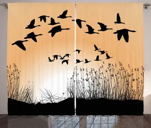 Штора ABAKUHAUS Рустикальные гуси, силуэты тростника в небе, присборенная штора для спальни с петлями и крючками, 280 x 225 см, цвет: бледно-оранжевый, цвет коксовый серый Abakuhaus