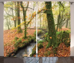 Штора ABAKUHAUS Autumn Rustic, Туманный лес Корнуолл, присборенная тесьма для спальни с петлями и крючками, 280 x 175 см, цвет: оранжевый, зеленый, желтый Abakuhaus