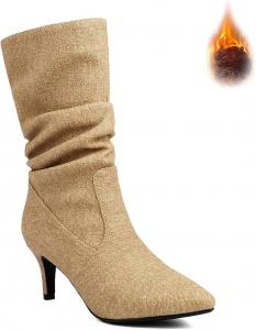 Женские джинсовые ботильоны на каблуке-кисет, средней высоты, до икры, модные, с заостренным носком, высокой обувной частью, плиссированным каблуком-шпилькой, легкие, повседневные, замшевые, теплые, для офиса HDFDB, Brown [Plus Velvet]