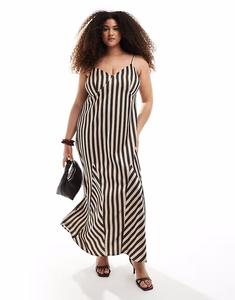 Эксклюзивное атласное платье-годе макси с V-образным вырезом и бретельками от Renee Studio Plus в коричневую полоску