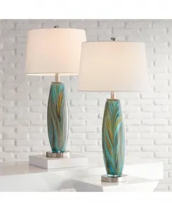 Комплект из двух настольных ламп из художественного стекла с тканевыми абажурами, высота 75 см 360 Lighting, зеленый