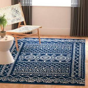 Ковер SAFAVIEH, 92 x 153 см, Tulum Collection, Navy & Ivory, марокканский богемный дизайн с эффектом потертости, не линяет и прост в уходе, идеален для помещений с высокой проходимостью: прихожая, гостиная, спальня (TUL268N)