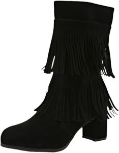 Женские модные ботинки с бахромой, на толстом каблуке, с боковой молнией, большого размера, удобные, подходящие для осенних и зимних нарядов. HoaloX, Black