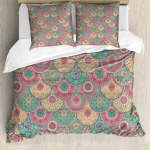 Пододеяльник ABAKUHAUS Vintage, классическая круглая форма, защита от клещей, подходит для аллергиков, с наволочками, 200 см x 200 см - 80 x 80 см, зеленый, розовый