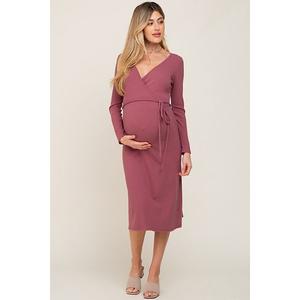 Платье-Миди с длинными рукавами и запахом для беременных, трикотажное, в рубчик. Pinkblush