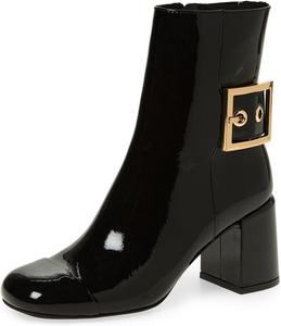 Женские глянцевые ботильоны Miss Left с металлической пряжкой, закрытым круглым носком, средними массивными каблуками, боковой молнией, короткие ботинки для повседневной носки и вечеринок, зимняя обувь, размеры 4-16 US, Black