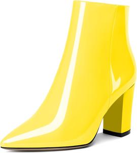 Женские ботильоны AUMOTED с высокой шнуровкой, массивным каблуком, заостренным носком, мехом, короткой моделью на молнии, классические ботинки на каблуке 3,4 дюйма, Patent Yellow