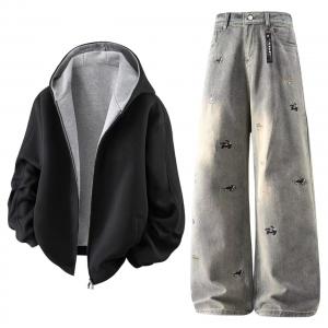 Повседневный худи Unisex Casual Sportswear X1617, черный top+светло-синий pants