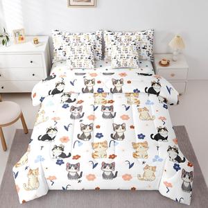 Erosebridal Комплект постельного белья Cute Cats с принтом котят и цветов, мягкий материал для детей, White Gray