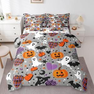 Erosebridal Комплект постельного белья Halloween Pumpkin Lantern с одеялом и подушками, Purple Orange