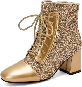 Женские ботильоны UniqueStride с квадратным носком, шнуровкой и среднем каблуке, лаковая кожа, короткие, Gold Glitter